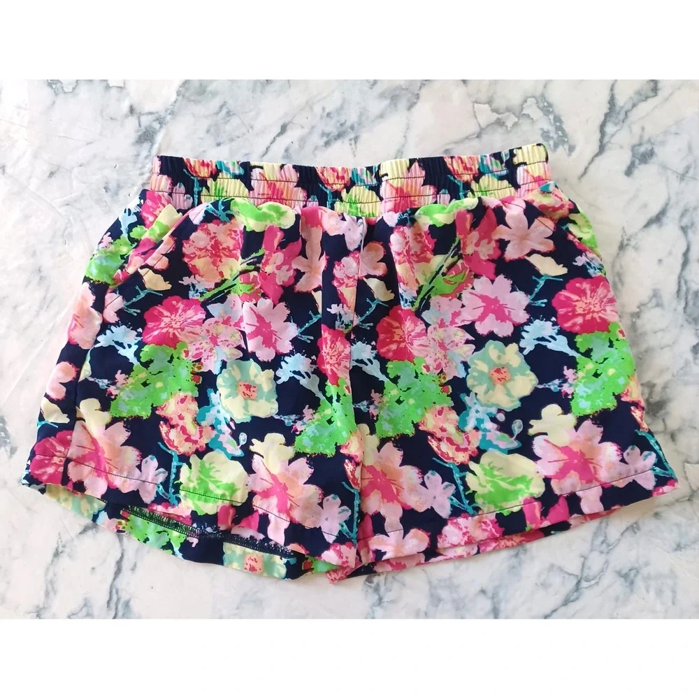 Faded Glory Floral Shorts Girls Size M 7-8 Navy Pink Green Elastic Waist Pockets
